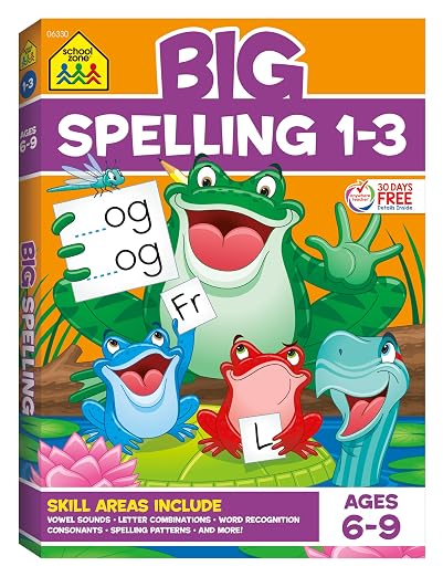 School Zone - Big Spelling Grades 1-3 Workbook - Ages 6 to 9, Letter Sounds, Consonants, Puzzles, and More